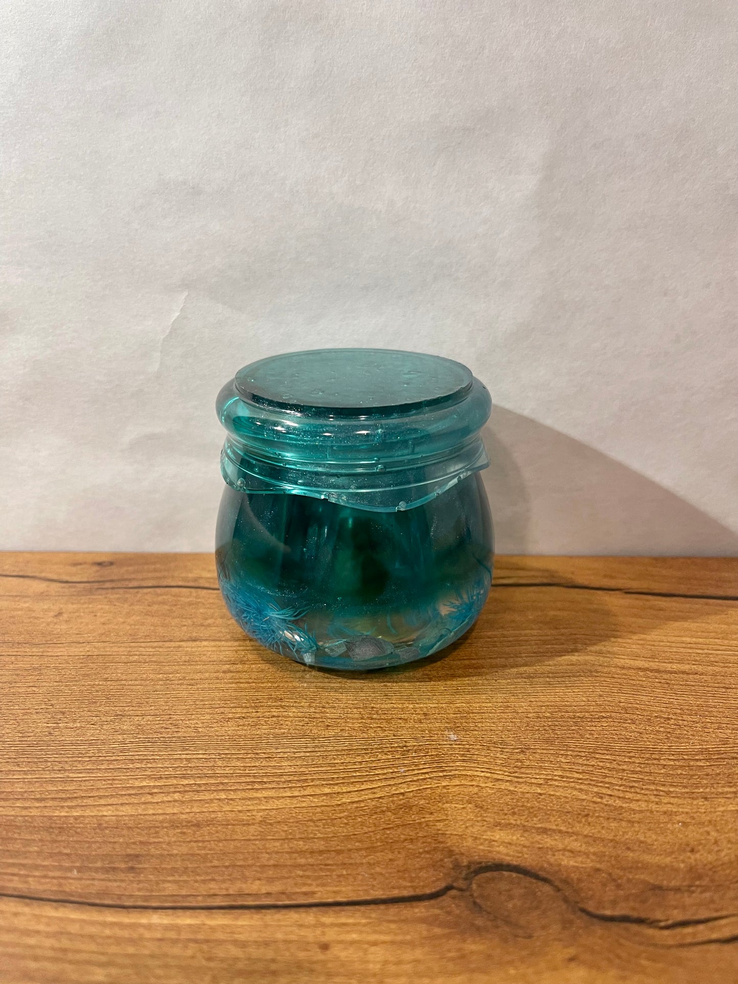 Dyed Sea Jar - Deep Teal & Clear Epoxy Resin with Floral and Shell Accents